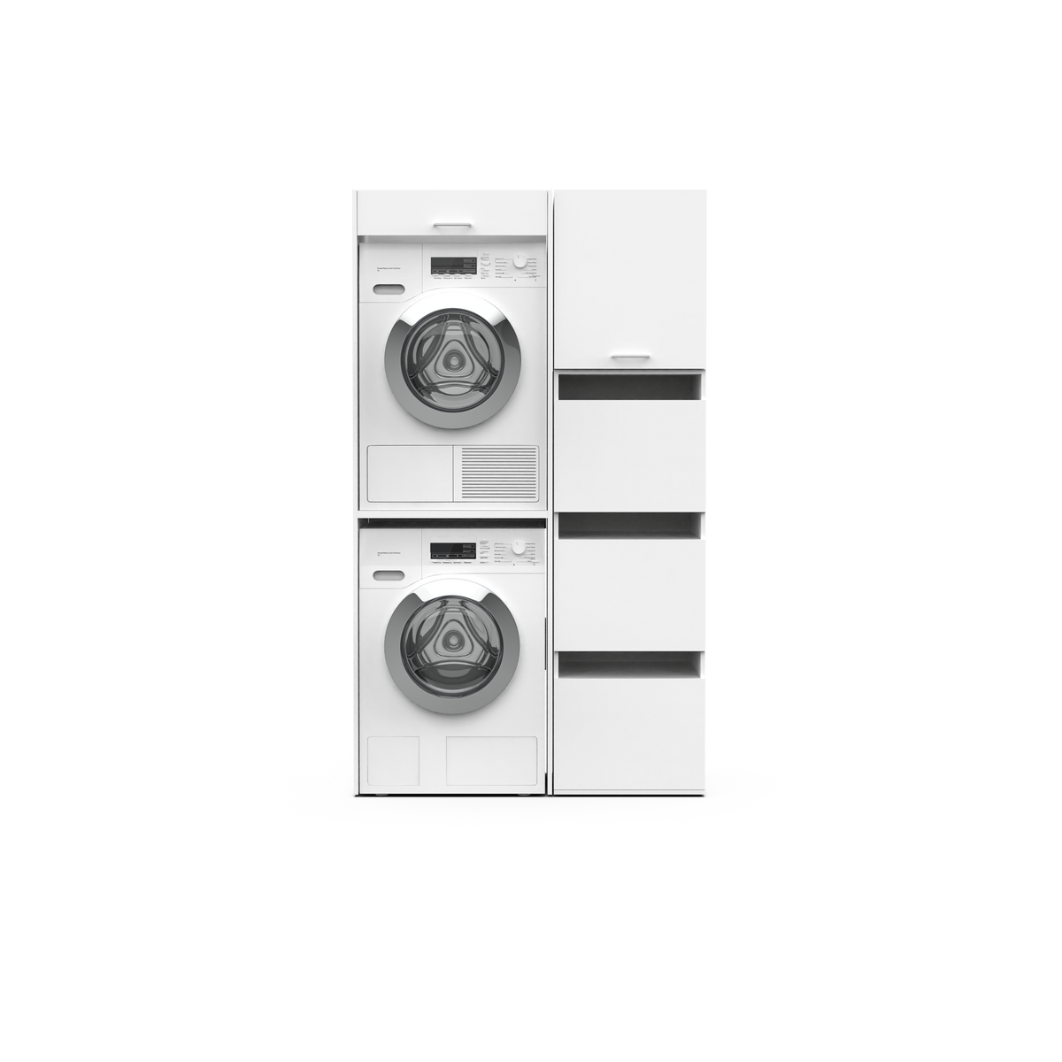 White stackable front-load washer and dryer set with control panels and a four-drawer storage unit on the right.